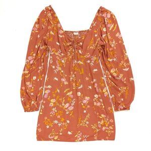 BILLABONG Crush On You Blouson Sleeve Babydoll Mini Dress in Rust Floral Small